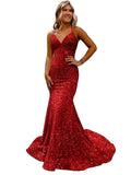 Lieling Ball Dress Body-Bagged Fishtail Small Tail Evening Dress Fine Shoulder-Band V-Neck Party Dress 68HZ