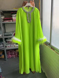 Spring And Autumn 2024 New Round-Necked Nail Pearl Feather Cuffs 100-Fold Loose Mid-Long Dress Dress Dress Women's Leisure 68HZ