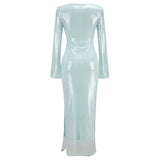 Fashion High-End Women's Sexy Leash V-Neck Horn Sleeve Dress Under The Fork Dress Dress 68HZ