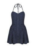 Hottie Women's Clothing Pure Style Stripes Hanging Neck To Bare Back Dress Women's Small Women's High-End Small Skirt 68HZ