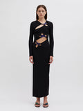 New Women's Sexy Hollow Long-Sleeved Black Dress Metal Decorated Open Forked Ass And Hip Dress 68HZ
