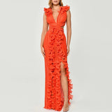 Solid-Color Open Fork Dress 2025 New Autumn V-Neck Wood Ear Design High-Waist Long Dress Woman 68HZ