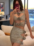 High-End Women's New Sexy Hollow Tight-Nuffed Ass Flower Decoration Dress Temperament Hot Diamond Dress 68HZ