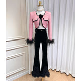 Famous Wind Rose Flower Brooch Short Ostrich Coat High Waist Water Drill Chain Velvet Trumpet Trousers 68HZ