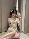 Fashion Irregular Ruffled Floral Design A-line Sleeveless Spaghetti Strap Dress HZ1024