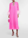 Small Group Liu Jialing With The Same Water Drill Ostrich Hair Decoration Long-Sleeved Holiday Chiffon Dress SP 68HZ