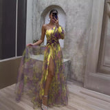Summer New Women's Sexy Slant Shoulder Shoulder Long Sleeve Broken Flower Dress Dress High-End Big Swing Flowers 68HZ