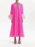 Spring And Autumn 2024 New Round-Necked Nail Pearl Feather Cuffs 100-Fold Loose Mid-Long Dress Dress Dress Women's Leisure 68HZ