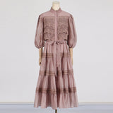 Court Retro Style Long-Sleeved Dress Woman 2025 Spring New Splicing Hollow High-End Feeling Slimy Dress 68HZ