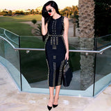 Heavy Industry Nail Pearl Dress Long Round-Neck Sleeveless Metal Buckle Beads After Opening Banquet Banding Dress 68HZ