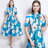 Short-Sleeved Print Dress 2025 Summer New Lapel Belt Repair Over Knee Skirt Yellow Dress 68HZ