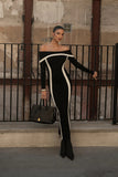 Female Elegant Sexy Shoulder-Collision Dress Knitted Long-Sleeved Shoulder Banded Evening Dress 68HZ