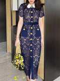 French Spring And Summer Tibetan Cyan Small Fragrant Wind Heavy Lace Hollow Metal Buckle Belt Repair In The Long Dress SP 68HZ