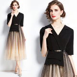 Black Dress Famous Temperament Thin Fake Two Suit Mesh Splicing Long Skirt 68HZ