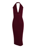Sexy Dress Women's Sexy Bare Back V-Neck Suit Medium Long Dress Tight-Fitched And Forked Hanging Neck Dress 68HZ