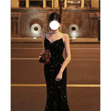 Famous People French Slings Inside And Outside Wearing A Dress Velvet Fishtail Temperament Black Cane Banquet Evening Dress Dress 68HZ