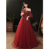One-Word Shoulder Evening Dress 2025 New Temperament Elegant Fairy Dream Net Yarn Bridesmaid Lady Long Dress 68HZ