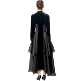 Velvet Stitching Tulle Sexy V Collar Long Sleeve Lotus Side Black Cake Dress Women's Spring 2025 68HZ