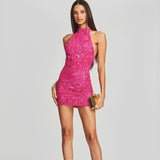 High-End Women's Sexy Bare Back Hanging Neck Slit Mini Dress Famous Party Dress Woman 68HZ
