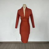 Sexy Deep V-Neck Fashion Trendy Long Sleeve Banded Dress With High-End Banquet Evening Dress 68HZ