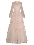 Round Lantern Long-Sleeved Mesh Yarn Heavy Lumini Glide Lotus Leafy Puffy Long Dress Dress Dress Autumn 2024 68HZ