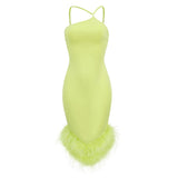 Women's Green French Sling Dress Women's Ostrich Hair Splicing Temperament High-End Thin Sling Skirt 68HZ