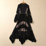 Sexy V-Neck Long-Sleeved Lace Splicing Black Irregular Swing Dress Spring And Summer Women's New 2024 68HZ