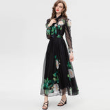 Fashion Scarf Long-Sleeved Green Rose Print Long Dress Spring And Summer Women's New 2024 68HZ