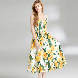 Suspension Dress 2024 Summer Vacation House Cotton Yellow Rose Print Big Swing Princess Fairy Mid-Long Dress 68HZ