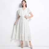 Lace Hollow Embroidery Hook Lotus Leaf Side Flying Sleeve V Collar Thai Dress Fairy Vacation Lotus Side Dress 68HZ