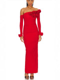 Women's Three-Dimensional Flower Design Folds Open Fork Solid Color Dress Dress 68HZ