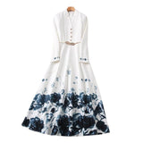V-Neck Long Sleeve Rendering Printed White Long Dress + Belt Women's New 2025 68HZ