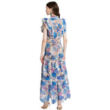 Southeast Asia Holiday Style Color Printing Embroidery Collar Dress Flying Sleeves Loaf Side Waist Dress 68HZ