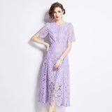 Summer Dress New Short-Sleeved Lace Dress Women's Long-Singed Flower Hollow Purple High-Waist Aa Skirt Thin 68HZ