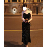 Famous People French Slings Inside And Outside Wearing A Dress Velvet Fishtail Temperament Black Cane Banquet Evening Dress Dress 68HZ