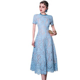 Heavy Industry Drill Round Lace Hook Flower Big Swing Waist Red Blue Short-Sleeved Dress Spring And Summer Women's Dress 2025 68HZ