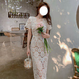 Summer Design Feel Rice White Heavy Lace Short Sleeve V-Neck Dress High Waist Repair Paper Pencil Dress 68HZ