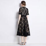 French High-End Lace Splicing Round Collar Dress Women's New Summer Waist Thin Temperament Big Swing Dress Dress 68HZ
