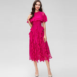 Round Collar Short-Sleeved Heavyweight Hook Flower Stacked Lotus Leaf Lace Blue Dress Women's New Spring And Summer 2025 68HZ