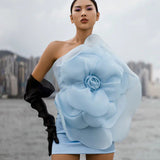New High-End Oblique Shoulder Decoration Flower Dress Solid Party Party Dress One-Step Dress 68HZ
