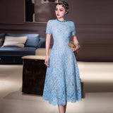 Heavy Industry Drill Round Lace Hook Flower Big Swing Waist Red Blue Short-Sleeved Dress Spring And Summer Women's Dress 2025 68HZ