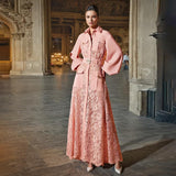 Spring 2025 New Women's Fashion Flip Lantern Long Sleeve Single Buckle Belt Lace Long Temperament Dress Woman 68HZ
