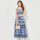 Summer Blue And White Porcelain Printing Spliced Three-Dimensional Breast Sling Sling Sling Belt + Half-Dress Two-Set Female (With Chest Cushions) 68HZ