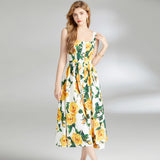 Suspension Dress 2024 Summer Vacation House Cotton Yellow Rose Print Big Swing Princess Fairy Mid-Long Dress 68HZ