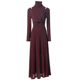 Fashion High-Collar Sexy Open Shoulder Long Sleeves Open Fork And Bottom Dress Women's New European 2025 Spring 68HZ
