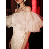 Champagne-Colored Evening Dress Dress High-End Light Luxury Niche Temperament Birthday Party Short Skirt 68HZ