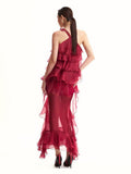 High-End Women's Sexy Lotus Leaf Side Strap Hanging Neck Dress Flower Decorative Perspective Skirt Dress Dress 68HZ