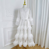 French Retro Court Hollow Lace Splicing Horn Sleeve Dress Female Waist Temperament Over Knee Cake Long Skirt 68HZ