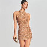 High-End Women's Sexy Bare Back Hanging Neck Slit Mini Dress Famous Party Dress Woman 68HZ
