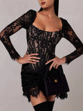 Long-Sleeved Sexy Lace Fish Bone Girded Waist Dress Autumn And Winter New Short Dress 68HZ